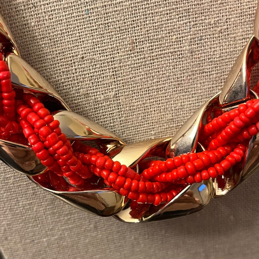 Chunky Gold Chain Red Beaded Statement Necklace Chunky Bib Necklace - Picture 3 of 6